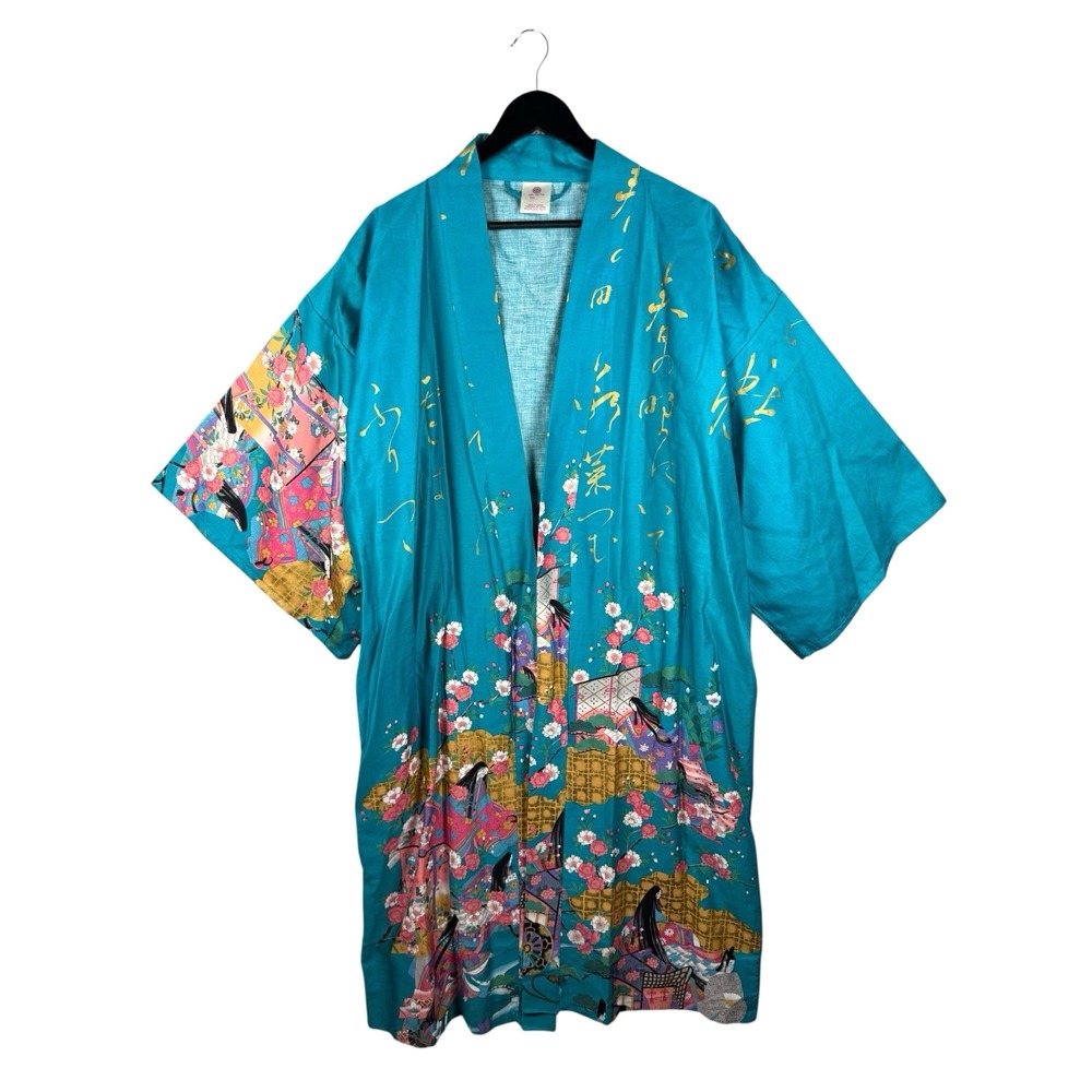Vintage Japanese Kimono Haori Jacket 100% Cotton Teal Floral Gold Made in Japan